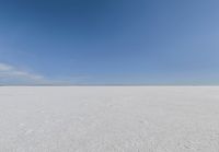 an empty sandy plain under a clear blue sky with a person on it using an umbrella