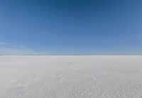 an empty sandy plain under a clear blue sky with a person on it using an umbrella