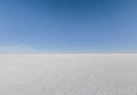 an empty sandy plain under a clear blue sky with a person on it using an umbrella