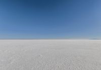 an empty sandy plain under a clear blue sky with a person on it using an umbrella