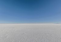 an empty sandy plain under a clear blue sky with a person on it using an umbrella