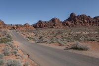 a desert landscape, a paved road and rock formations in the distance is shown on the side