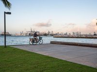 a person on a bike looking out to sea and a city skyline in the distance