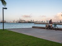 a person on a bike looking out to sea and a city skyline in the distance