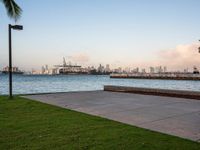 a person on a bike looking out to sea and a city skyline in the distance