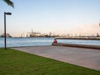 a person on a bike looking out to sea and a city skyline in the distance