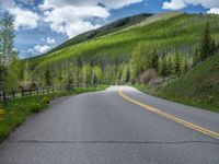 road in the mountains with grass and trees and a fence surrounding it on a bright day