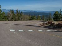 the mountains are visible in the distance from this wide, empty road, overlooking a wide landscape and forest