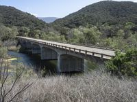 a view from a bridge overlooking trees and a mountain range of hills behind a bridge