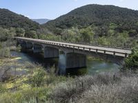 a view from a bridge overlooking trees and a mountain range of hills behind a bridge