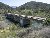 a view from a bridge overlooking trees and a mountain range of hills behind a bridge