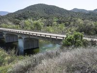 a view from a bridge overlooking trees and a mountain range of hills behind a bridge