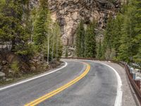 the curved road curves in front of a mountain area with pine trees behind it,