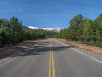 an empty road with lots of trees in the background in the wild region of colorado