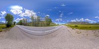 a view of an empty road in a field, looking like a fisheye lens