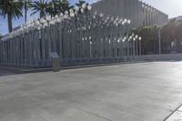 a street scene in a city with light poles and palm trees on the sidewalk and a bench