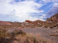 a dirt field surrounded by rocks under a cloudy sky in the desert with shrubs and shrubs around it