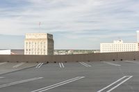 a rooftop parking lot in a city with buildings and a sign that reads'i have no place for people to move here