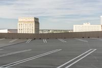 a rooftop parking lot in a city with buildings and a sign that reads'i have no place for people to move here