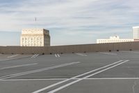 a rooftop parking lot in a city with buildings and a sign that reads'i have no place for people to move here