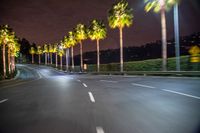 an empty road with trees and a bright light near it at night time during the day