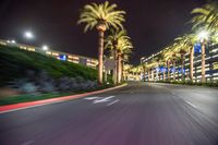 a blurry image of a busy street with some palm trees at night time in an area full of shops