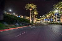 a blurry image of a busy street with some palm trees at night time in an area full of shops