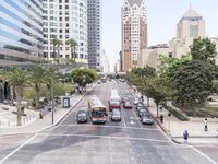 an intersection with multiple traffic lines on both sides of a street, with cars driving through the center and palm trees lining both sides