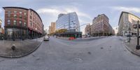 a very wide image of a city intersection in the usa, all view from the bottom of a fisheye lens