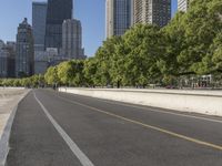 empty road with several trees on both sides and large buildings in the distance, downtown skyline