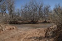 a dirty, dirt road with a river behind it and trees around the intersection behind