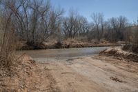 a dirty dirt road is next to some grass and trees on a plain, with the river partially water