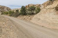 a person riding a dirt bike down a dirt road through mountains with trees and rocks