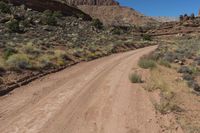 dirt road with bushes, shrubs and desert mountains in the background - image jpg