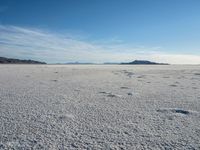 the desert with white and blue skies in the background, and footprints in the sand