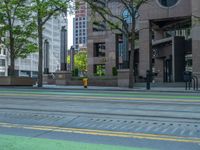 the green paint is painted on a bike path in front of an office building and large, trees