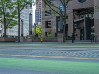 the green paint is painted on a bike path in front of an office building and large, trees