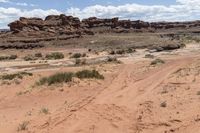 there is a motorcycle parked on the sand in the desert between two hills and large rock formations