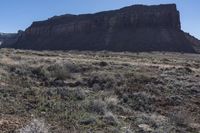 a view of a large mountain next to an empty area with plants and brush on it