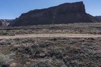 a view of a large mountain next to an empty area with plants and brush on it