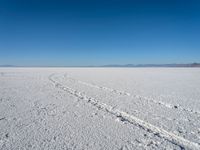 snow covered ground with footprints and tracks in the snow as a distant blue sky lies overhead