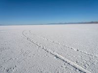 snow covered ground with footprints and tracks in the snow as a distant blue sky lies overhead