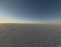 there are a bunch of footprints in the snow, with a sky background for a backdrop