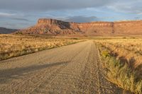 a dirt road running across a dry grass field towards a large mountainside in the distance