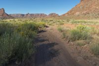 a man on his bike travels through a canyon area, looking forward while holding a saddle