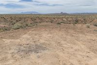 a dirt and field with mountains in the distance, some bushes and dirt covered ground