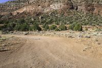 a dirt field with mountains and trees in the background in a desert area with some rocks and grass in the foreground