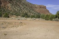 a dirt field with mountains and trees in the background in a desert area with some rocks and grass in the foreground