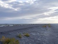 a landscape shows sparse grass and dirt on a flat desert surface under clouds, with hills, mountains, a small rock beach and trees in the distance