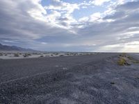 a landscape shows sparse grass and dirt on a flat desert surface under clouds, with hills, mountains, a small rock beach and trees in the distance